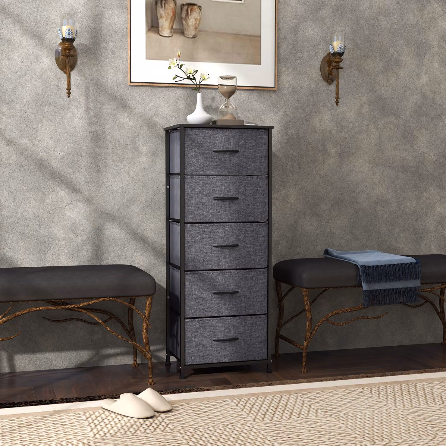 Cassettiera HOMCOM con 5 cassetti in tessuto pieghevoli e struttura in acciaio, Grigio scuro, L: 45 cm, P: 30 cm, H: 116 cm – 2