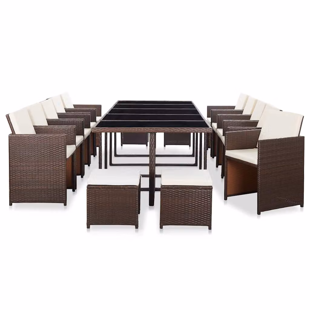 Set da pranzo da giardino vidaXL in polyrattan marrone con cuscini bianchi e tavolo in vetro