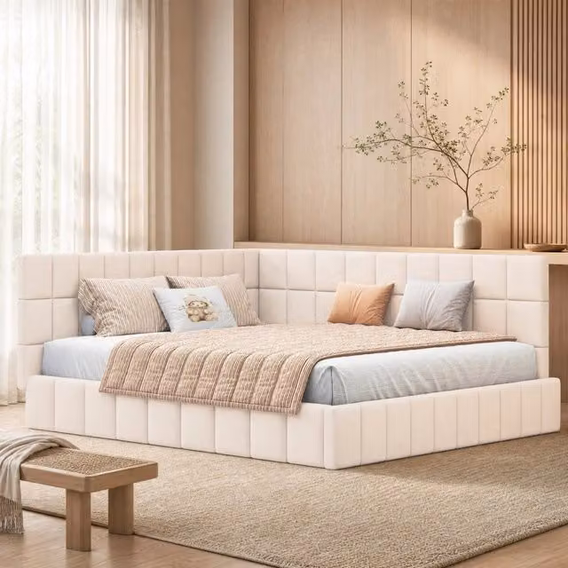 Letto da giorno imbottito con rete a doghe; trasformabile in divano; beige; per materasso 160 x 200 cm