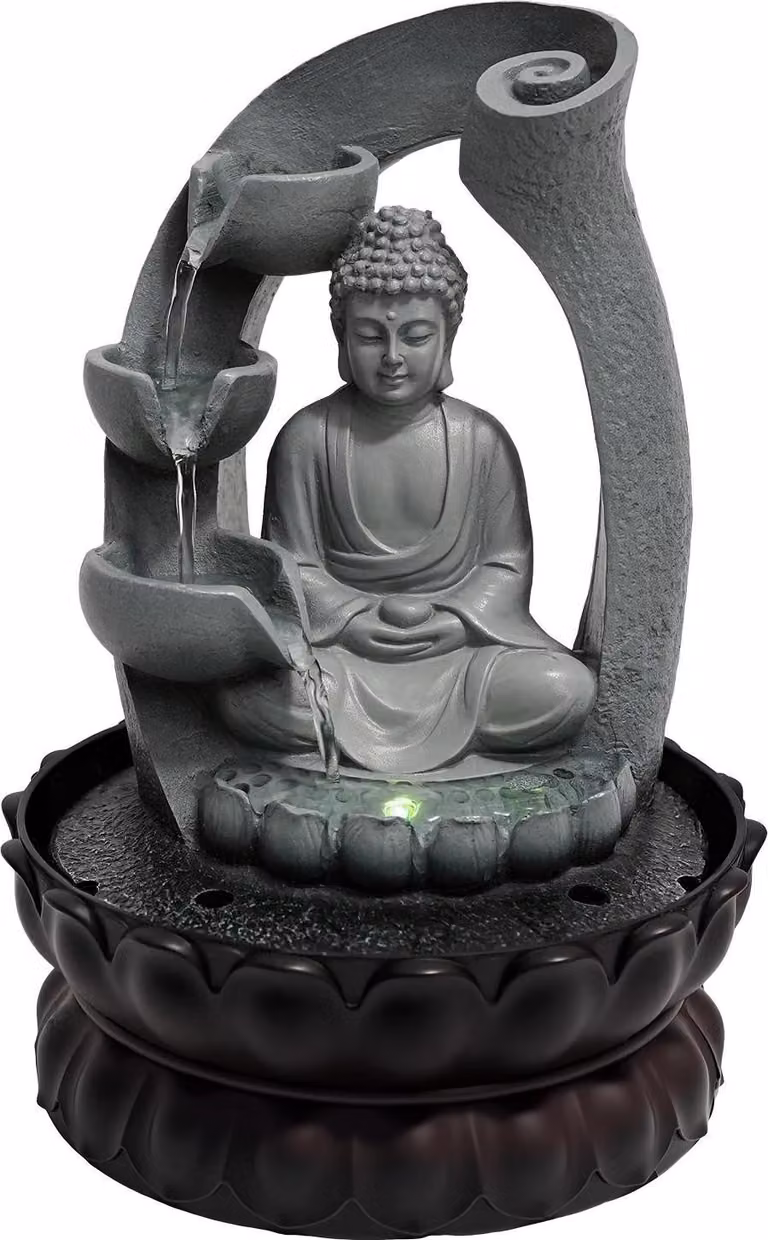 Fontana d'acqua, design Buddha, elemento luminoso a LED, grigio