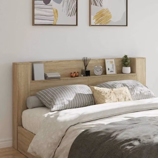 Testiera decorativa vidaXL in legno Rovere Sonoma marrone con illuminazione integrata e mensola, L 200 x P 16,5 x H 103,5 cm – 1