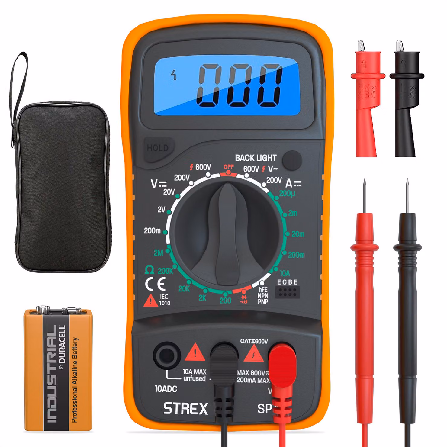 Strex Multimetro Digitale - AC / DC - Incl. Batteria 9V, Pinze & Custodia - Multi Meter