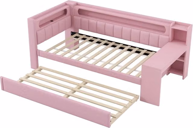 Letto Giorno Imbottito 90x200 cm con Letto Estraibile, USB, LED a 7 Colori e Scrivania Rosa