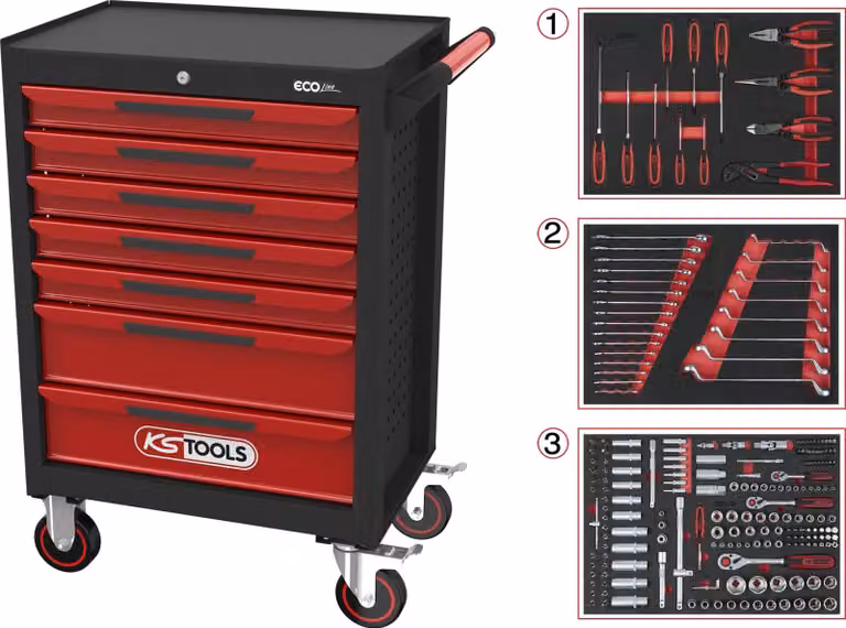KS Tools ECOline SCHWARZ/ROT Carrello da officina con 7 cassetti