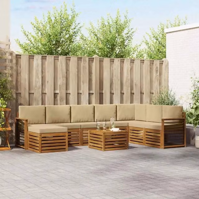 Set di divani da esterno vidaXL a forma di L in legno di acacia con tavolino e pouf, colore beige e marrone – 1