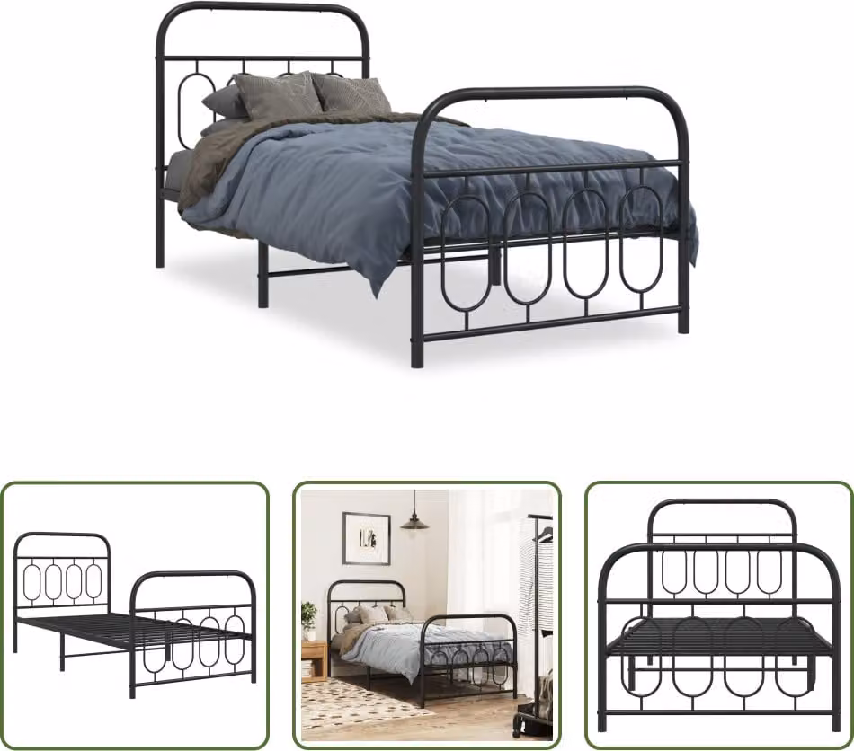 The Living Store Struttura letto con testiera e pediera in metallo nero 90x200 cm