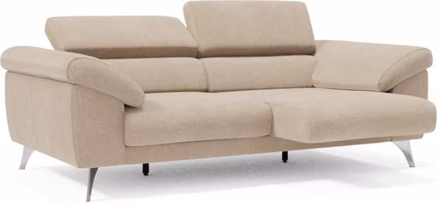 Divano Donatello Divani.Store beige con sedute allungabili, braccioli contenitore e poggiatesta reclinabili in tessuto smacchiabile, Larghezza: 213 cm