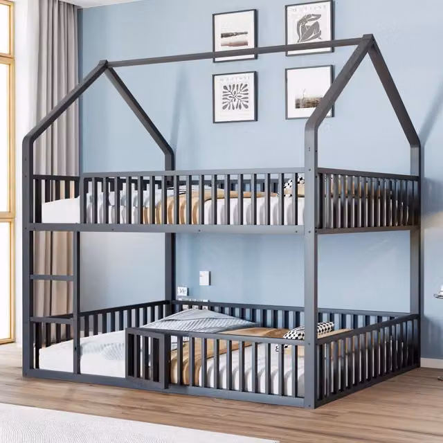Letto a castello per bambini in metallo 140 x 200 cm, letto familiare con scala e design soppalco, letto inferiore con porticina apribile - Nero