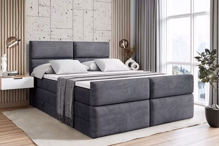 Letto boxspring ALTDECOR con pediera, 2 materassi e topper - 120x200 cm - BOXI3-Z KING - Velluto grigio scuro - Letto imbottito con materassi H3 e H4, contenitore e rete a doghe, letto con contenitore