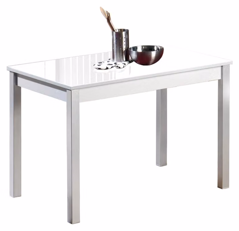 Tavolo da pranzo, dimensioni 90x50 cm, bianco, piano in vetro, struttura in metallo