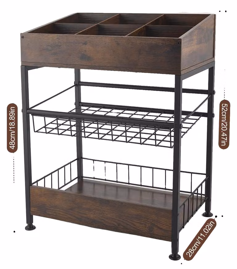 Scaffalatura industriale, design a griglia multipla, struttura in ferro robusta, colore marrone
