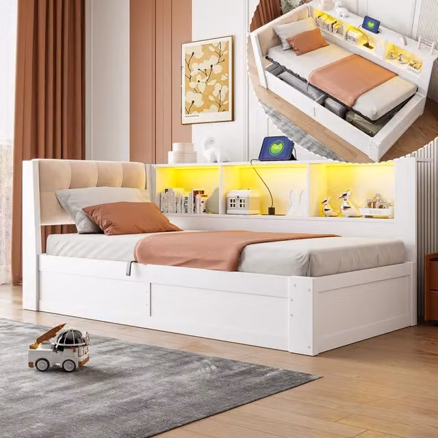 Daybed con contenitore idraulico, LED e USB, 90x200 cm, pino bianco