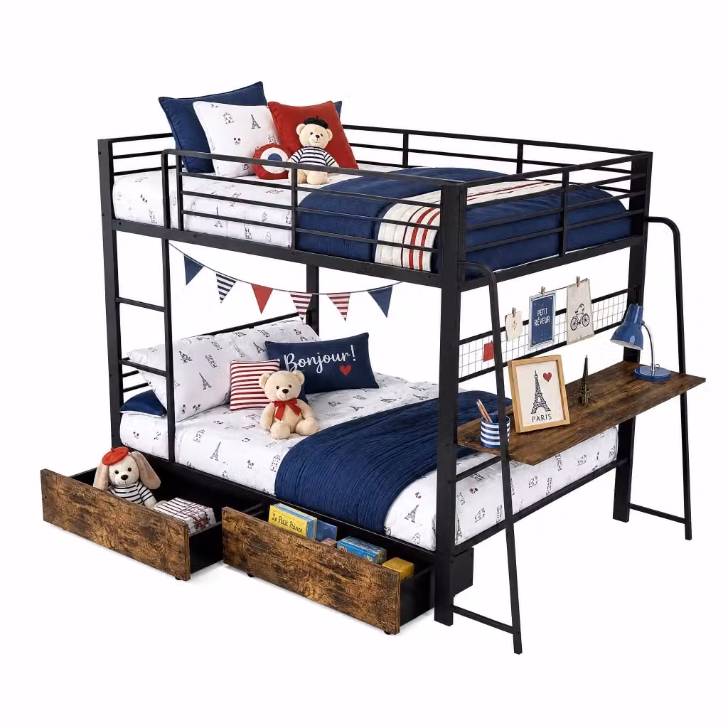 Letto a Soppalco Moderno con Scrivania, Cassetti, Luci LED e Porte USB - Nero - L/P/H: 237 x 140 x 200 cm – 2