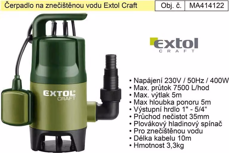 EXTOL CRAFT 414122 Pompa per acque reflue, 400 W, 7500 l/ora