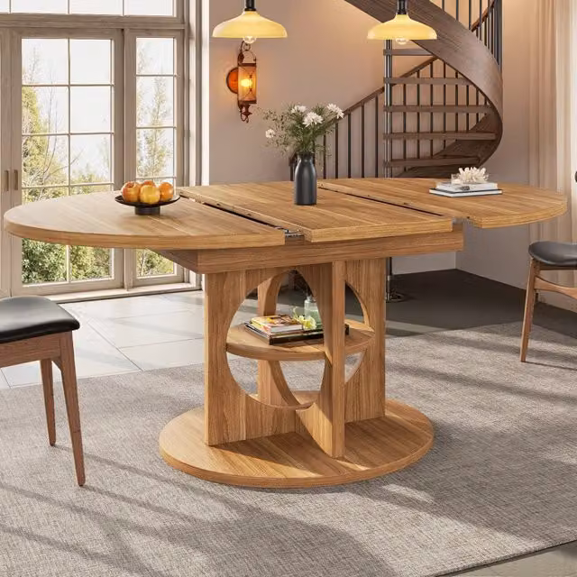 Tavolo da pranzo allungabile con ripiano centrale, da rotondo a ovale, per sala da pranzo, in MDF e metallo, legno