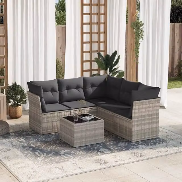 Set Divano da Giardino a L vidaXL in Polyrattan Grigio con Cuscini e Tavolino da Esterno 6 Pezzi