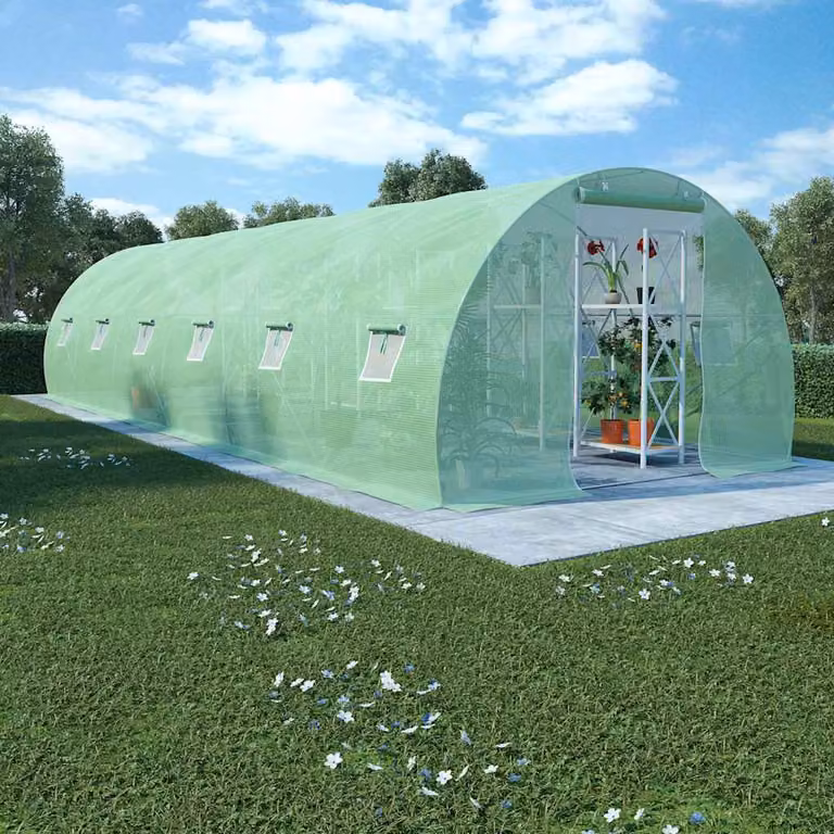 Serra vidaXL da 27m² verde con struttura in acciaio zincato e copertura in plastica, L: 900 cm, P: 300 cm, H: 200 cm