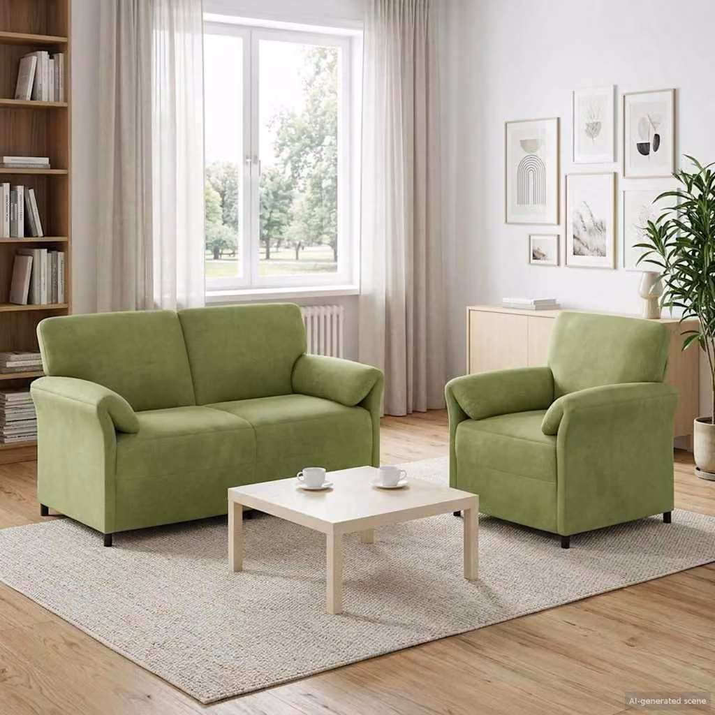 Set di 2 divani moderni vidaXL in velluto verde chiaro con struttura in metallo e cuscini inclusi