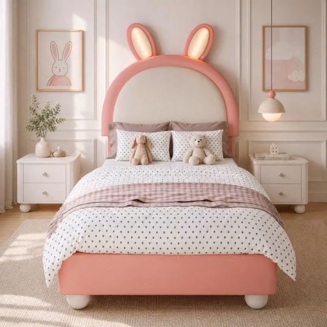 Letto imbottito per bambini REDOM in similpelle rosa e bianca con testiera a forma di coniglio e illuminazione LED sotto il letto L/P/H: 205.5 x 90 x 106 cm