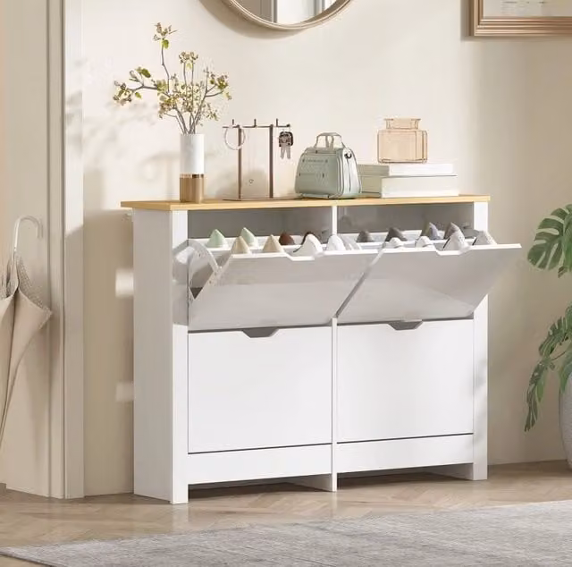 Scarpiera salvaspazio moderna in legno bianco opaco con 4 vani ribaltabili per fino a 16 paia di scarpe