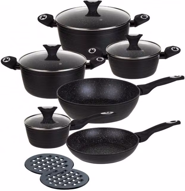 Set di pentole antiaderenti in granito Klausberg KB-7244 con padella e pentola con coperchio, colore nero, in alluminio