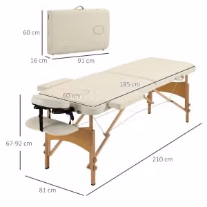 Lettino da massaggio pieghevole WISHDOR in legno di faggio con struttura imbottita, colore crema e beige – 2