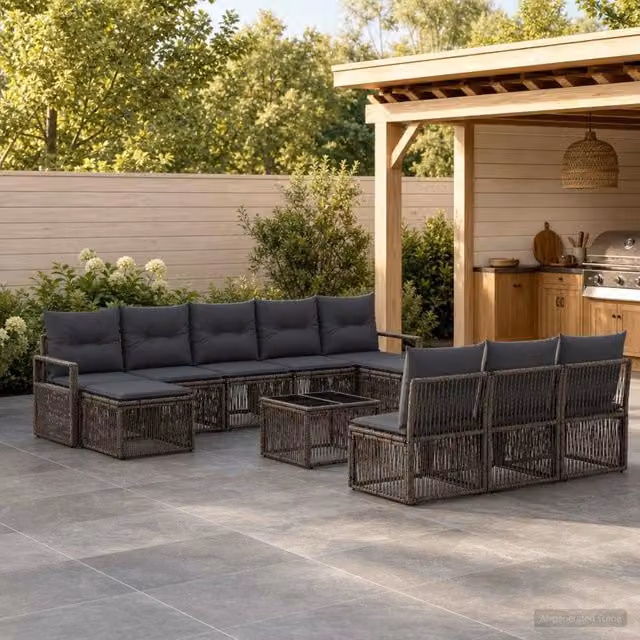 Set Divano da Giardino vidaXL a forma a U in Polyrattan Grigio con Tavolino e Pouf, 11 Pezzi – 1