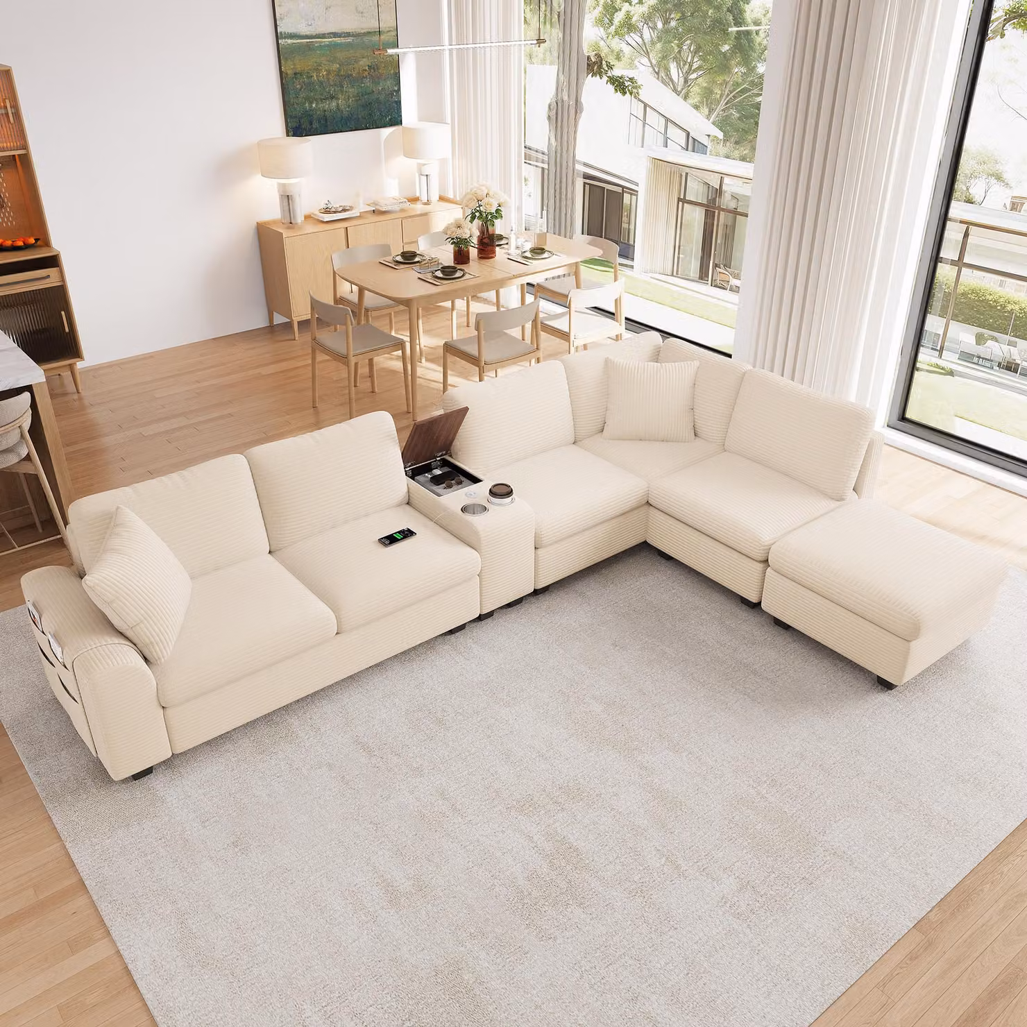 DIVANO MODULARE XXL, 6 posti, 311x139x85 cm, divano angolare a forma di "U", divano relax con spazio contenitivo, porta USB/Type-C e imbottitura a molle insacchettate, rivestito in tessuto, colore beige