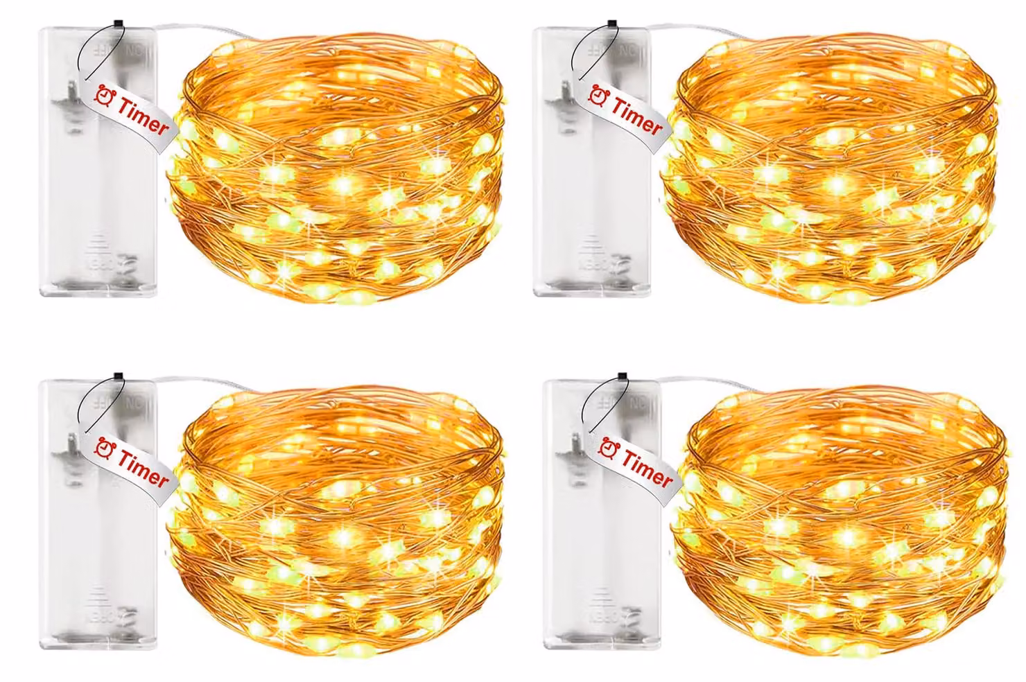 Catena luminosa a LED con timer, confezione da 4 pezzi, lunghezza 3 metri, luce bianco caldo, alimentazione a batteria