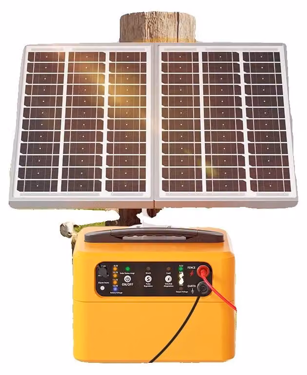 Dispositivo di recinzione elettrica, portata di 30 km, potenza di uscita da 0,3 a 1,5 Joule, tensioni regolabili, pannello solare da 15W, batteria interna da 12V 7Ah