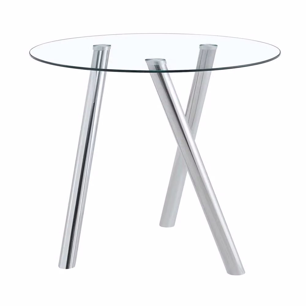 Tavolo da pranzo rotondo Minimal in vetro temperato trasparente e gambe in metallo argento, Diametro: 89 cm, Altezza: 76 cm – 2