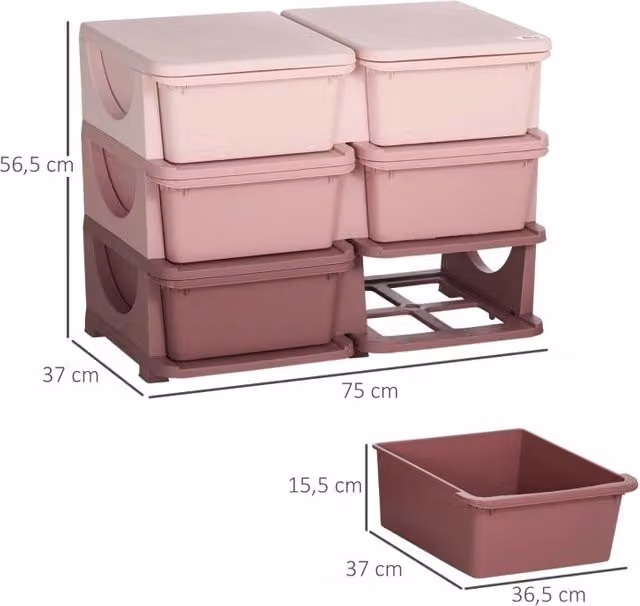Mobile contenitore ULEVR rosa con 6 cassetti estraibili e seduta, 75x37x56,5 cm, in plastica