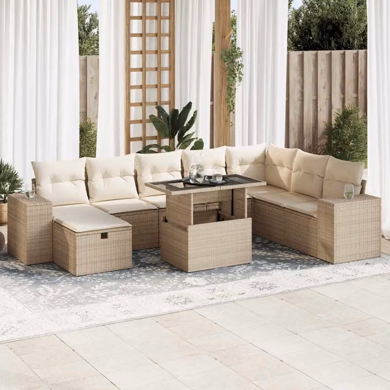 Set Divano da Giardino vidaXL 9 pz in Polyrattan con Cuscini Beige e Bianco
