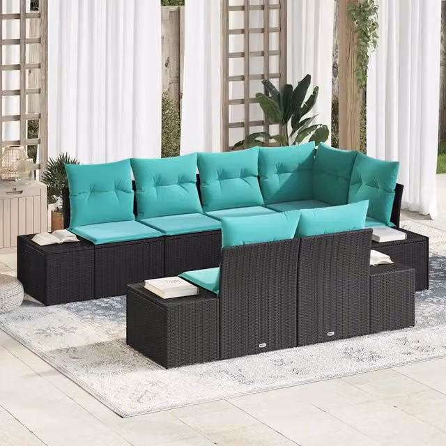 Set Divano da Giardino 7 pz Nero e Turchese polyrattan 3355775