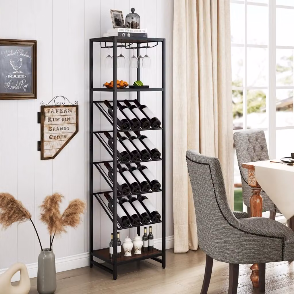 Portabottiglie e supporto per liquori Design Mania con portabicchieri a 7 livelli, modello freestanding in metallo e legno, colore nero e marrone con finitura opaca e stile rustico – 2
