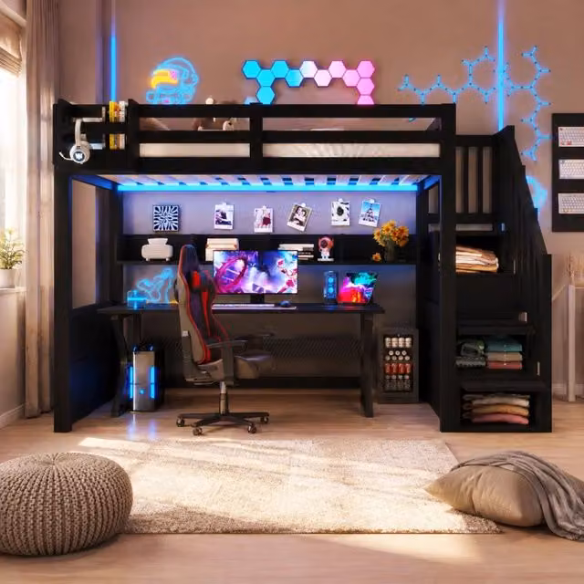 Letto a soppalco 90x200 cm con LED, armadio e scala nera