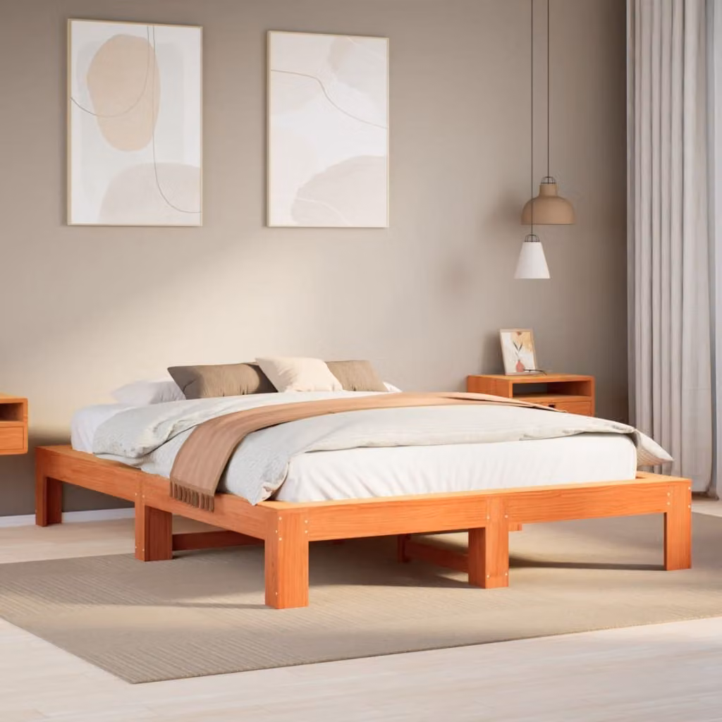 Letto in legno di pino vidaXL senza materasso, colore marrone cera, L 140 x P 190 cm – 1