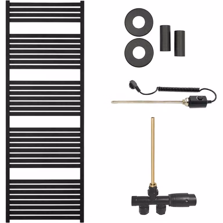 CERANO - Set radiatore da bagno Vincenzo - riscaldamento combinato, barra termica - attacco laterale a punto singolo - 800 W - nero opaco - 1690 x 600 mm