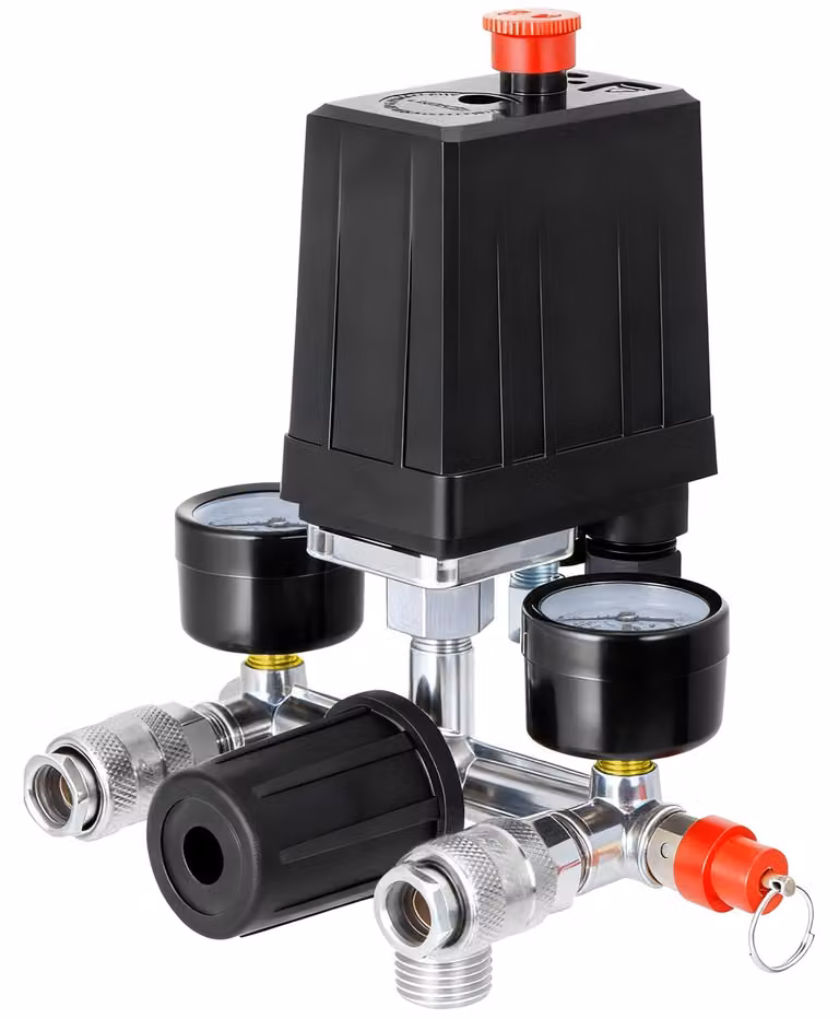 Regolatore di pressione per compressore con 2 indicatori e valvola di sicurezza