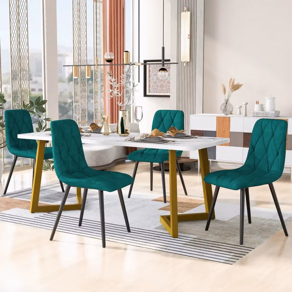 Set tavolo e 4 sedie da pranzo MIVRAY moderno con piano effetto marmo bianco e sedute in velluto verde e gambe in metallo dorato – 2