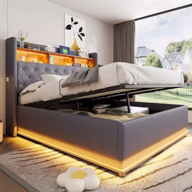 Letto imbottito con LED e contenitore ¨C Minimal ¨C Grigio tessuto 160x200 cm idraulico
