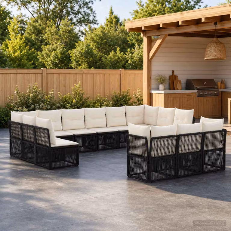 Set Divano da Giardino vidaXL 13 pz a forma di U in Polyrattan Nero con Cuscini e Struttura in Acciaio