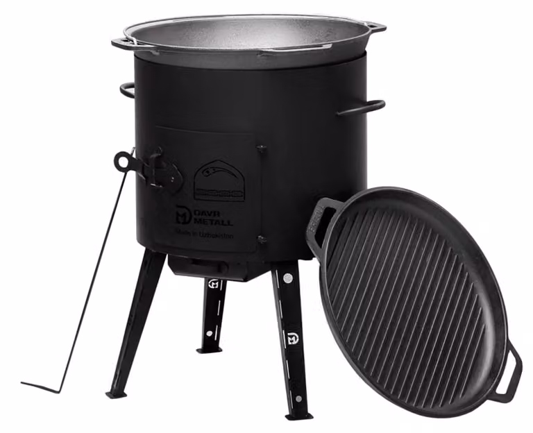 Ø40 Uchag, acciaio 2 mm, fornello da campeggio Uchag, kazan in ghisa da 15 litri con coperchio in ghisa e padella-griglia, focolare per kazan, cucina da campo, cucina da esterno, fornello per stufati, fornello da campo