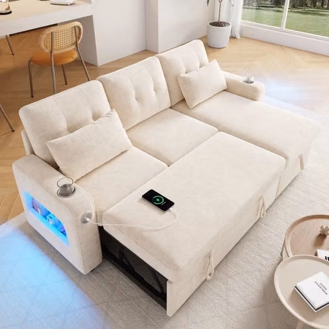 Divano angolare convertibile a U 3 posti 206x131x85 cm; 2 chaise longue; contenitore; portabicchieri; LED; USB; vani nei braccioli; beige