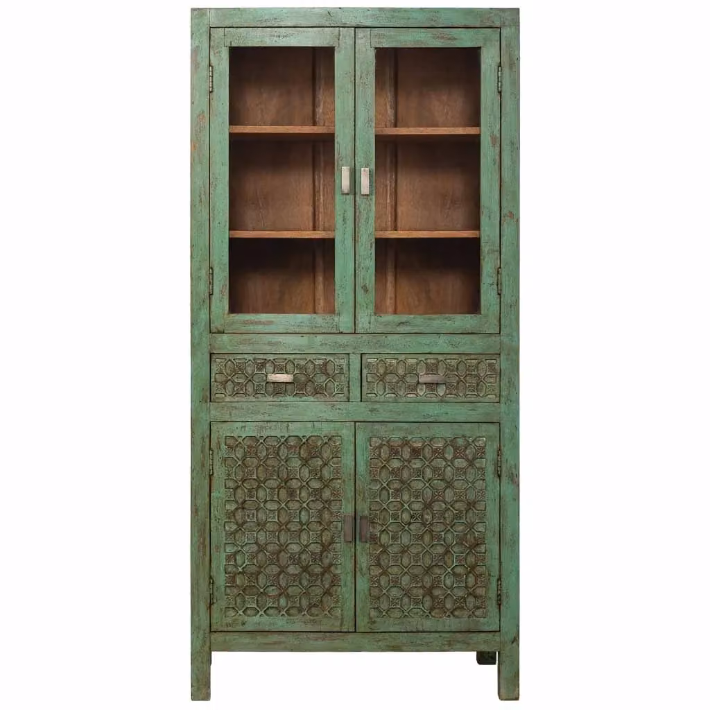 Vetrina Wanderlust Deco in legno di mango verde con ante in vetro e cassetti, stile boho geometrico, L: 85 cm, P: 40 cm, H: 180 cm – 2