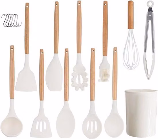 Set di manici per cucina in legno naturale a 11 pezzi con manici in silicone - spatola, cucchiaio, utensili da cucina - bianco