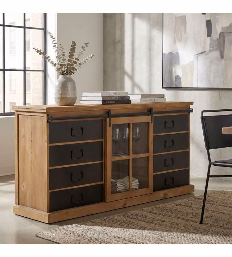 Cosma Mobile Soggiorno Industriale in Legno e Acciaio 147x75 cm Nero Marrone