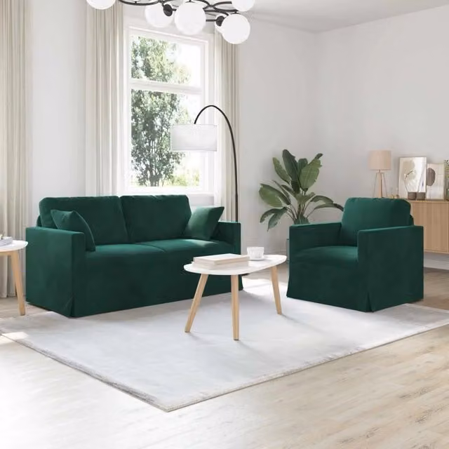 Set di 2 divani moderni vidaXL in velluto verde scuro con struttura in metallo e cuscini inclusi – 1