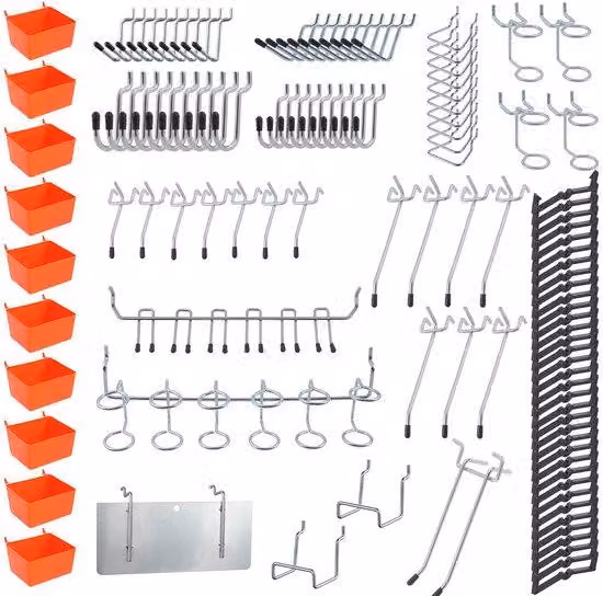 Set di organizzazione per utensili Unyqoos®, composto da 144 ganci e 10 contenitori, realizzato in acciaio cromato temprato, con 15 tipi di ganci, compatibile con pannelli forati da 1/8 di pollice e 1/4 di pollice