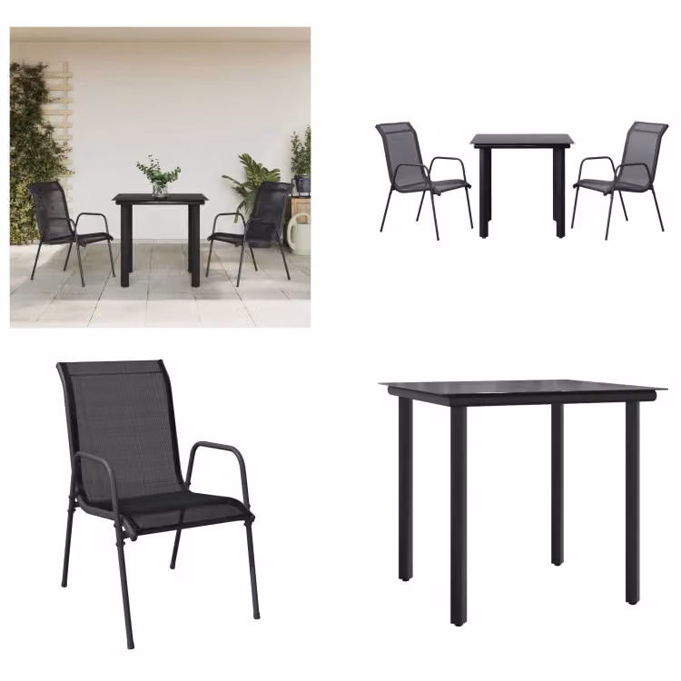 vidaXL Set da pranzo da giardino 3 pezzi in acciaio e textilene nero - Set da pranzo da giardino - Set di sedute da giardino - Set di sedute da esterno - Tavolo da giardino